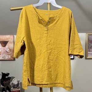 Women's Mustard Yellow Button Henley Top Cotton/Linen Short Sleeve Tunic Style